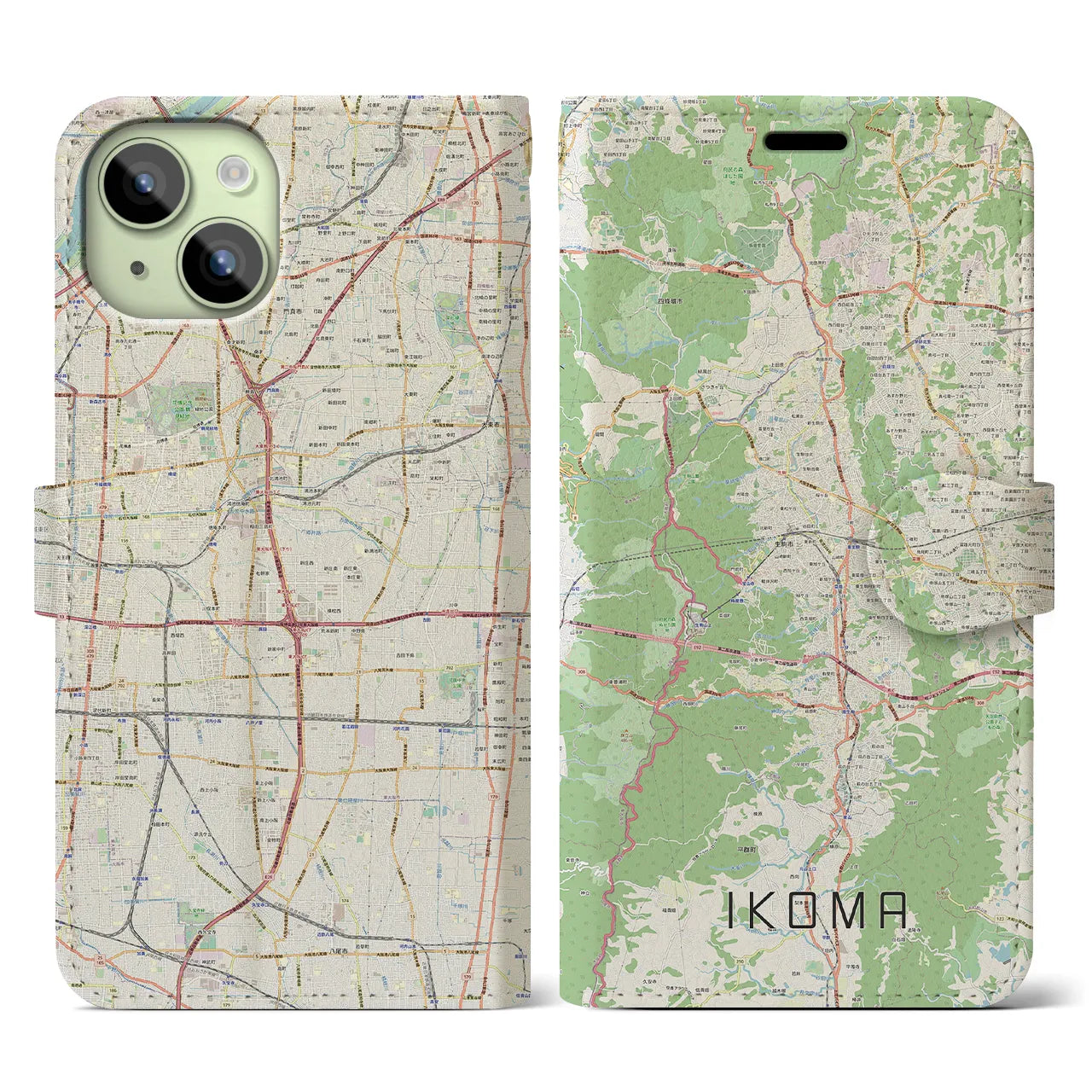 【生駒(奈良県)】地図柄iPhoneケース(手帳タイプ)ナチュラル・iPhone 15 用