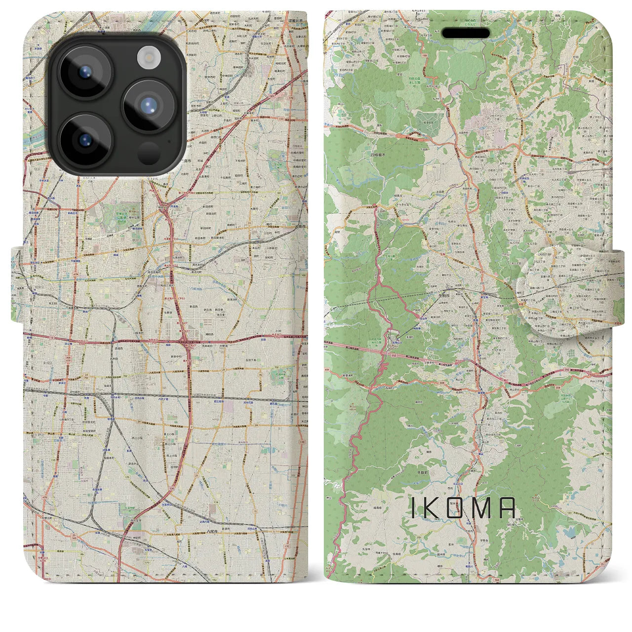 【生駒(奈良県)】地図柄iPhoneケース(手帳タイプ)ナチュラル・iPhone 15 Pro Max 用