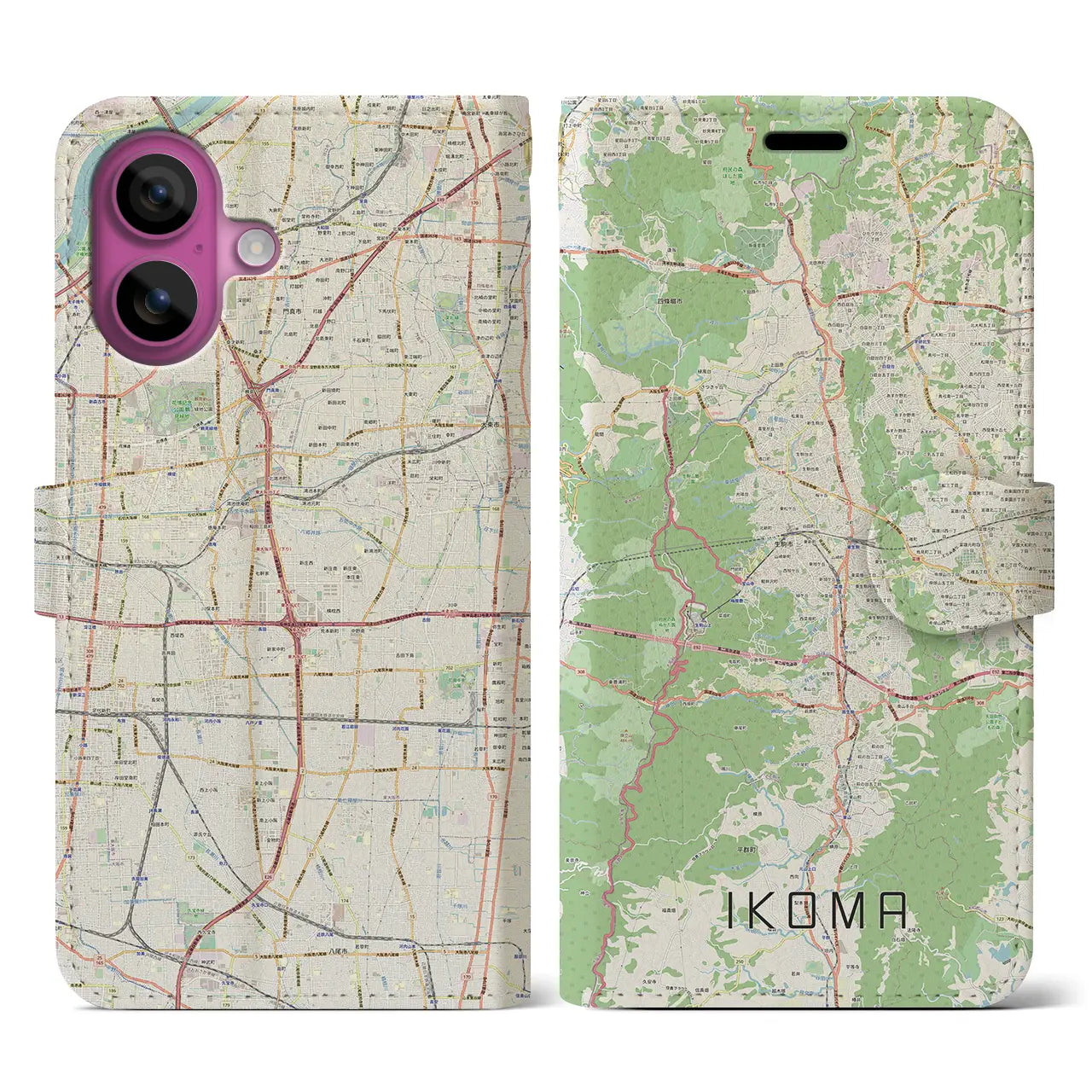 【生駒(奈良県)】地図柄iPhoneケース(手帳タイプ)ナチュラル・iPhone 16 Pro 用