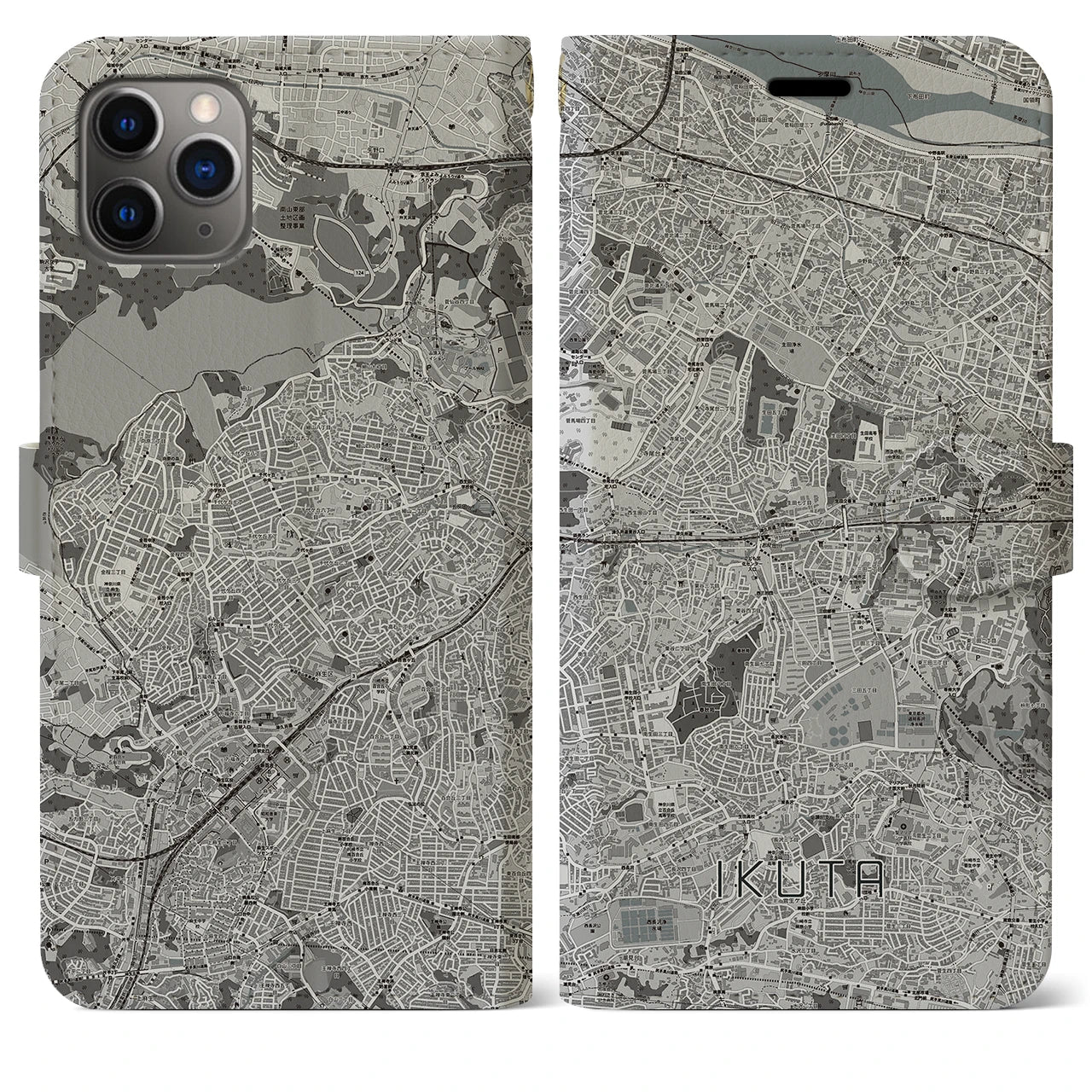 【生田(神奈川県)】地図柄iPhoneケース(手帳タイプ)モノトーン・iPhone 11 Pro Max 用
