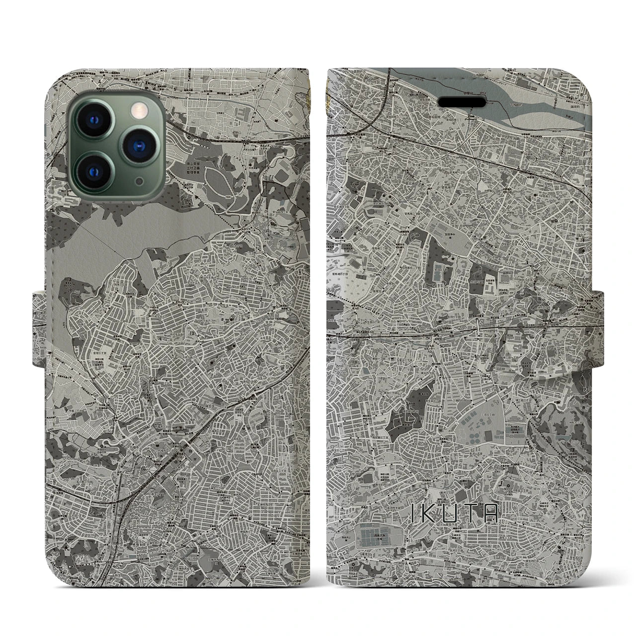 【生田(神奈川県)】地図柄iPhoneケース(手帳タイプ)モノトーン・iPhone 11 Pro 用
