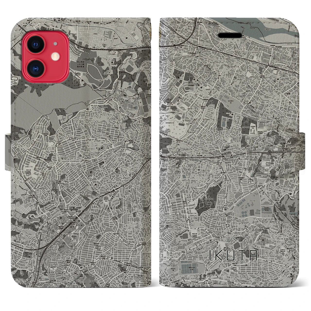 【生田(神奈川県)】地図柄iPhoneケース(手帳タイプ)モノトーン・iPhone 11 用