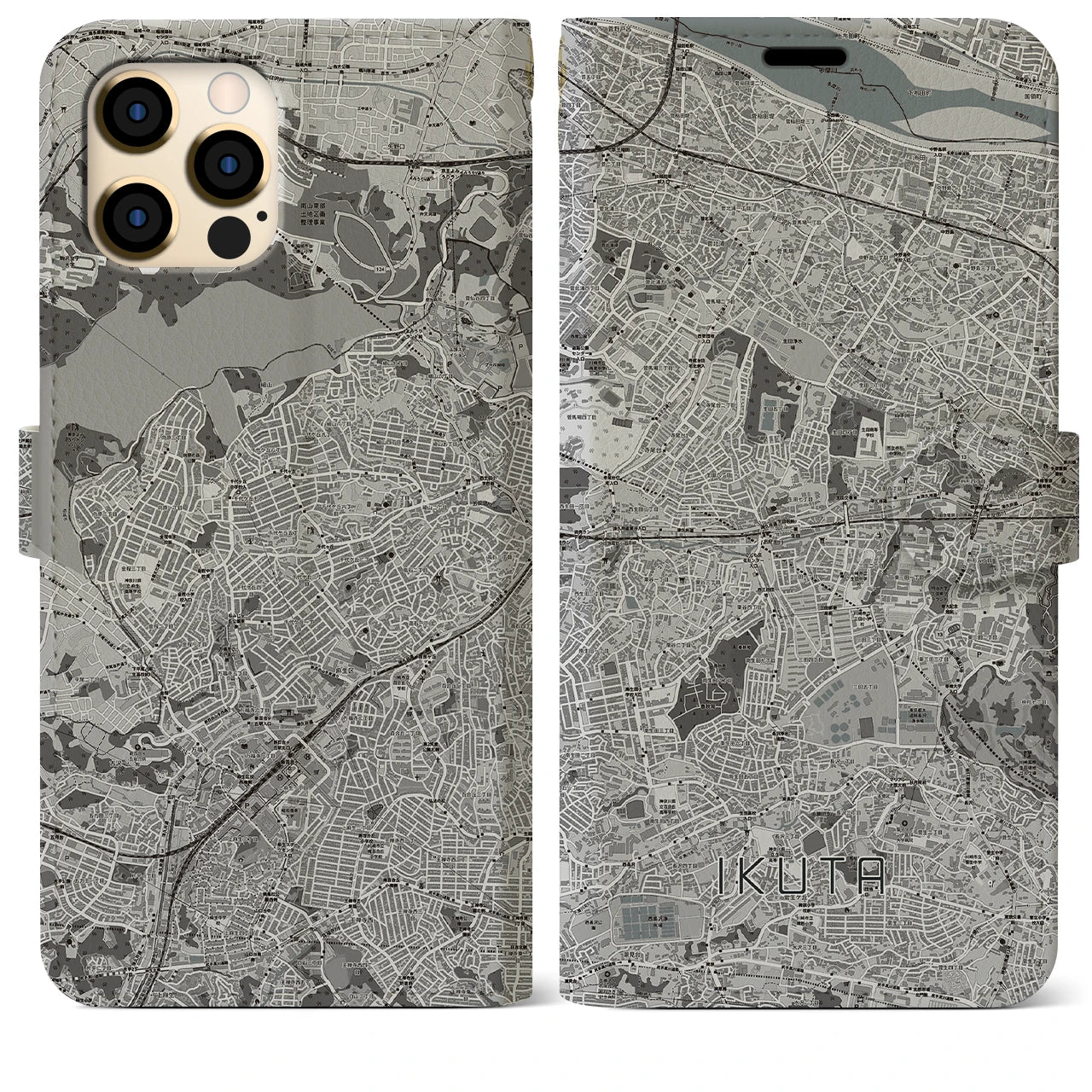 【生田(神奈川県)】地図柄iPhoneケース(手帳タイプ)モノトーン・iPhone 12 Pro Max 用