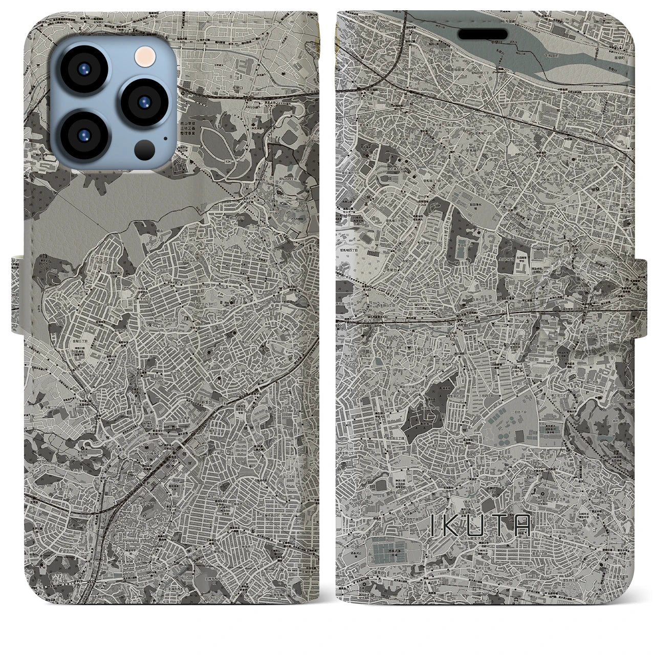 【生田(神奈川県)】地図柄iPhoneケース(手帳タイプ)モノトーン・iPhone 13 Pro Max 用