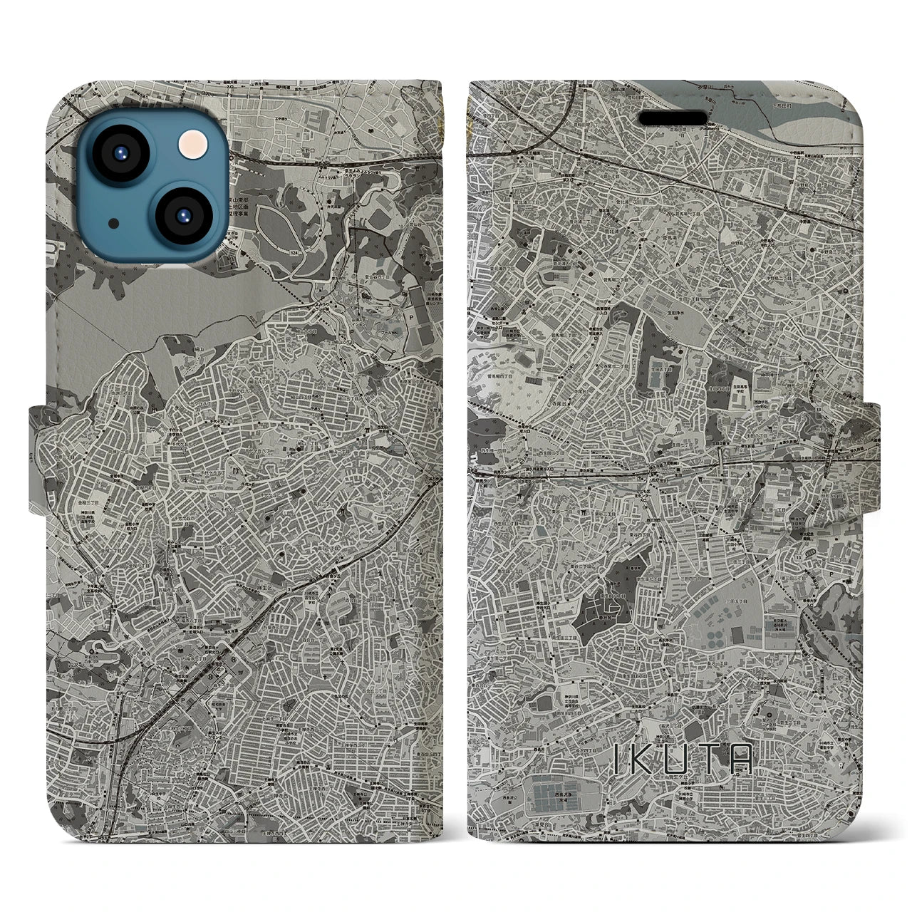 【生田(神奈川県)】地図柄iPhoneケース(手帳タイプ)モノトーン・iPhone 13 用