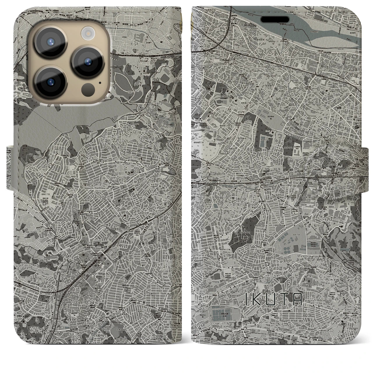 【生田(神奈川県)】地図柄iPhoneケース(手帳タイプ)モノトーン・iPhone 14 Pro Max 用