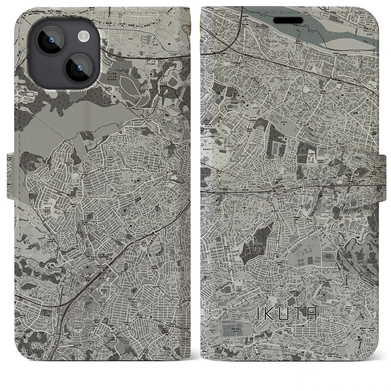 【生田(神奈川県)】地図柄iPhoneケース(手帳タイプ)モノトーン・iPhone 14 Plus 用