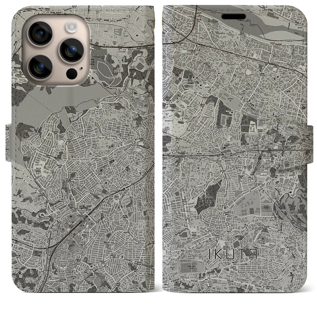 【生田(神奈川県)】地図柄iPhoneケース(手帳タイプ)モノトーン・iPhone 16 Plus 用