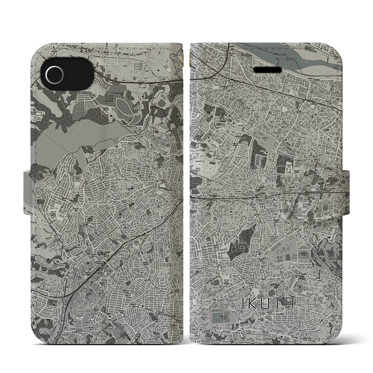 【生田(神奈川県)】地図柄iPhoneケース(手帳タイプ)モノトーン・iPhone SE(第3 / 第2世代) / 8 / 7 / 6s / 6 用