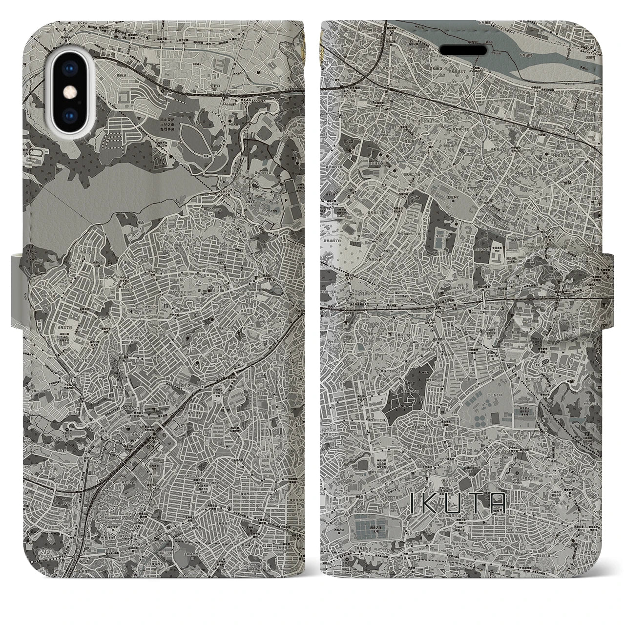 【生田(神奈川県)】地図柄iPhoneケース(手帳タイプ)モノトーン・iPhone XS Max 用