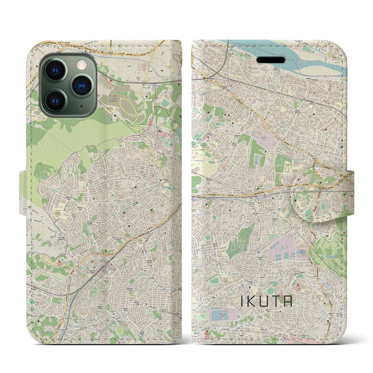 【生田(神奈川県)】地図柄iPhoneケース(手帳タイプ)ナチュラル・iPhone 11 Pro 用