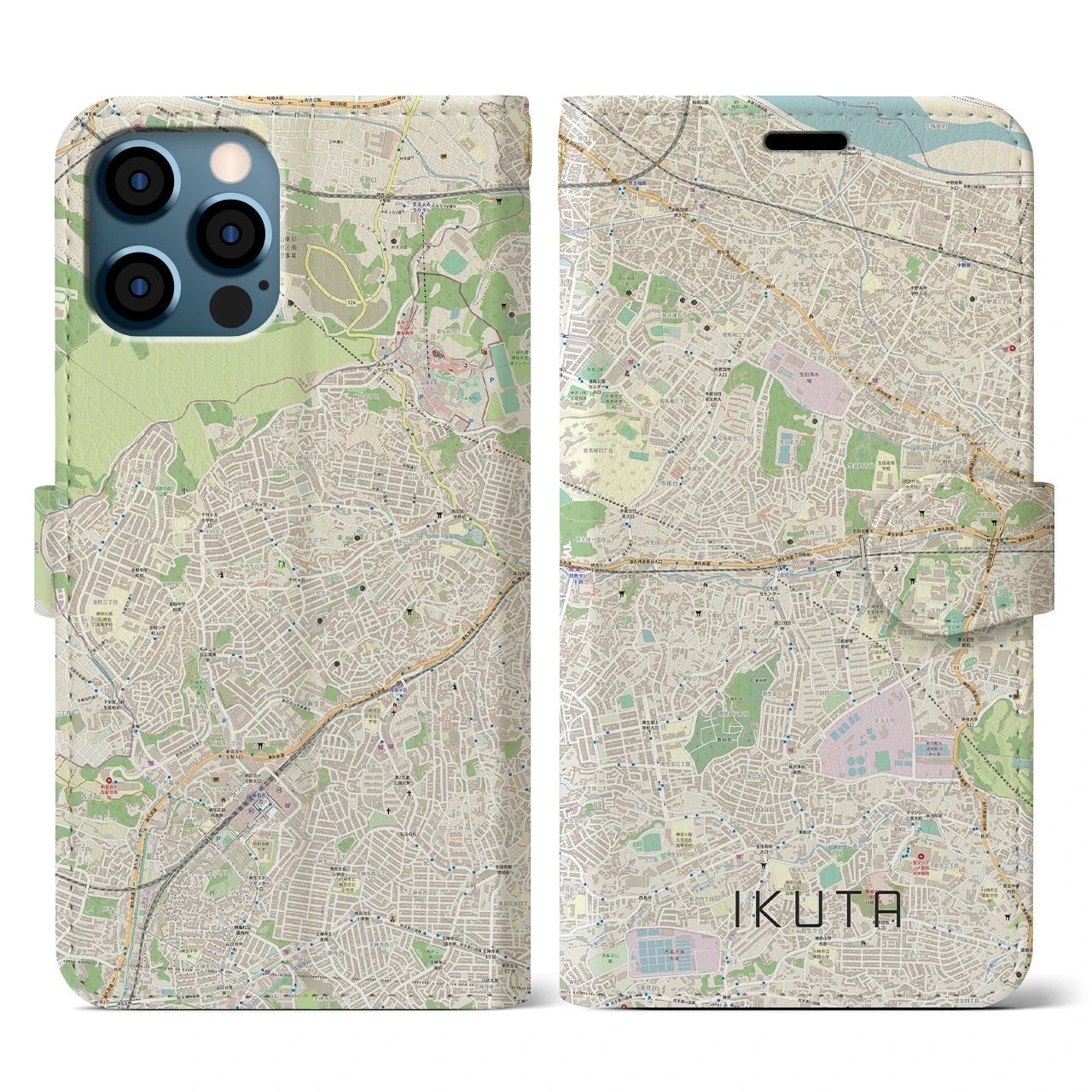 【生田(神奈川県)】地図柄iPhoneケース(手帳タイプ)ナチュラル・iPhone 12 / 12 Pro 用
