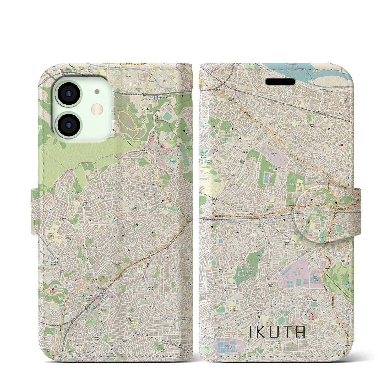 【生田(神奈川県)】地図柄iPhoneケース(手帳タイプ)ナチュラル・iPhone 12 mini 用