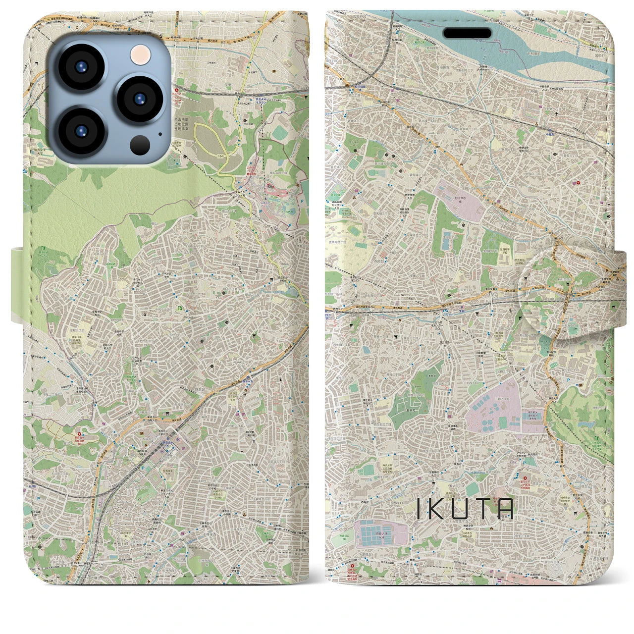 【生田(神奈川県)】地図柄iPhoneケース(手帳タイプ)ナチュラル・iPhone 13 Pro Max 用