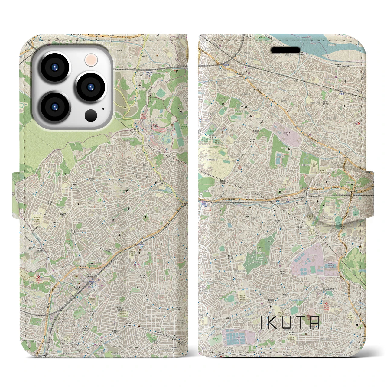 【生田(神奈川県)】地図柄iPhoneケース(手帳タイプ)ナチュラル・iPhone 13 Pro 用