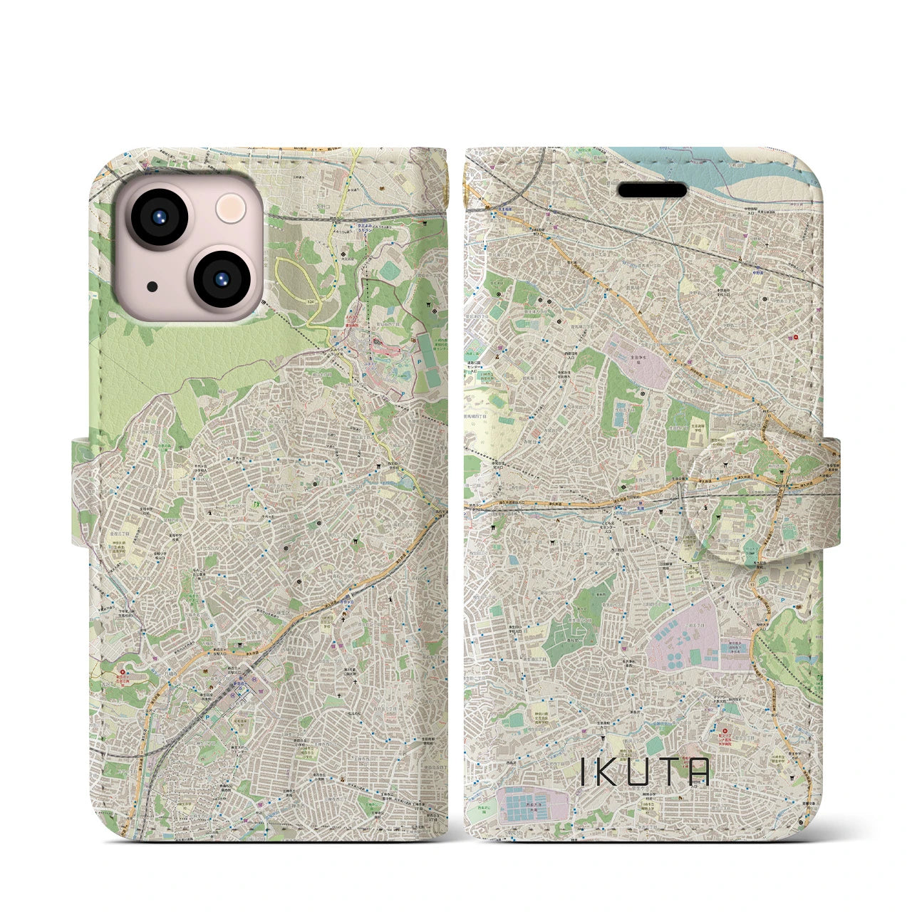 【生田(神奈川県)】地図柄iPhoneケース(手帳タイプ)ナチュラル・iPhone 13 mini 用