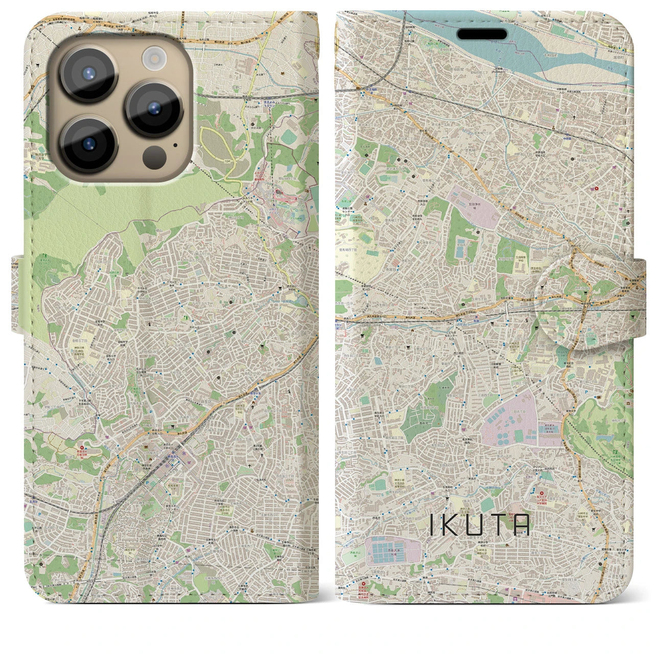 【生田(神奈川県)】地図柄iPhoneケース(手帳タイプ)ナチュラル・iPhone 14 Pro Max 用