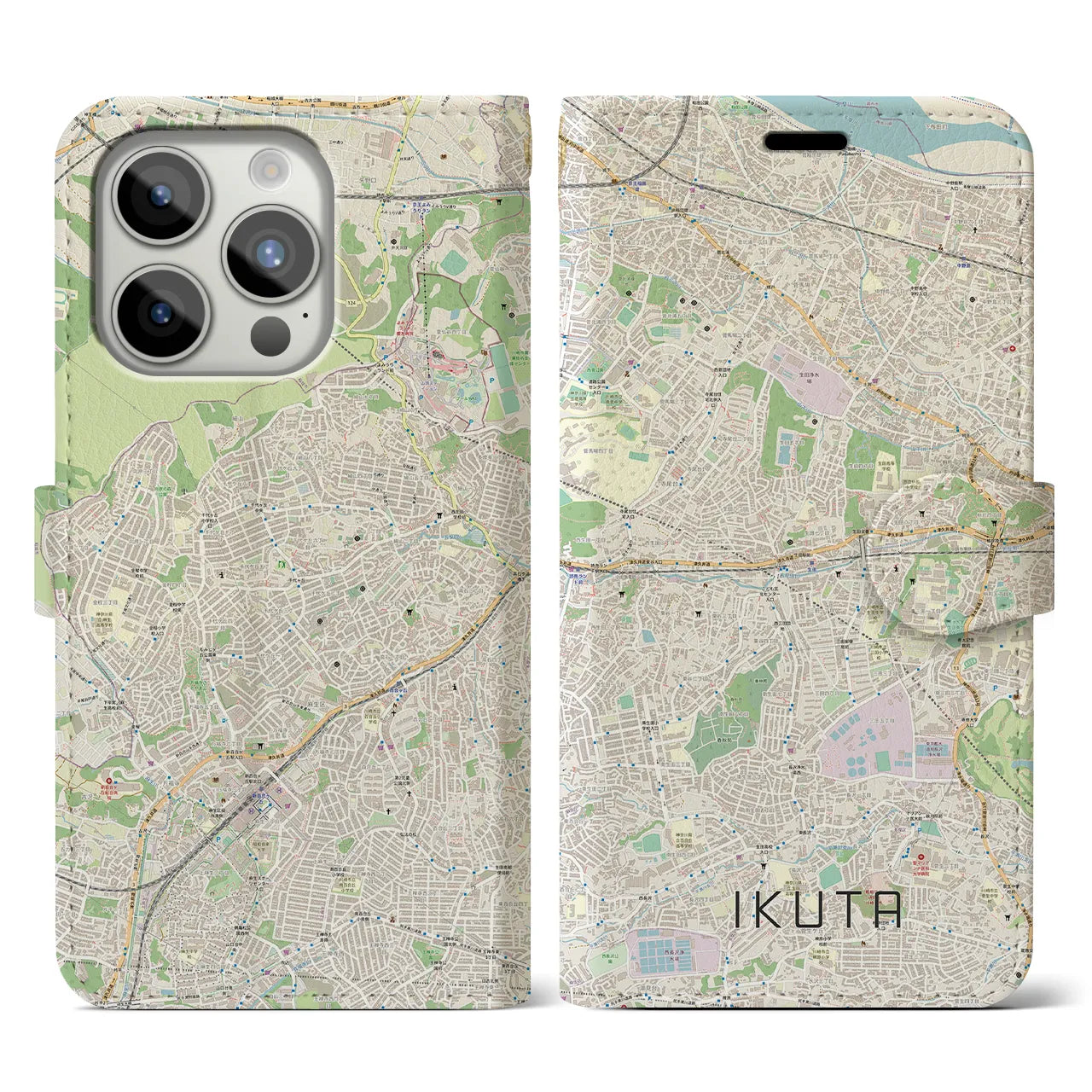 【生田(神奈川県)】地図柄iPhoneケース(手帳タイプ)ナチュラル・iPhone 15 Pro 用