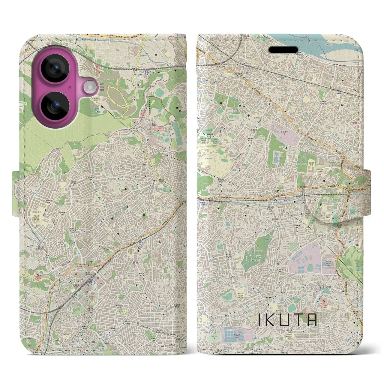 【生田(神奈川県)】地図柄iPhoneケース(手帳タイプ)ナチュラル・iPhone 16 Pro 用