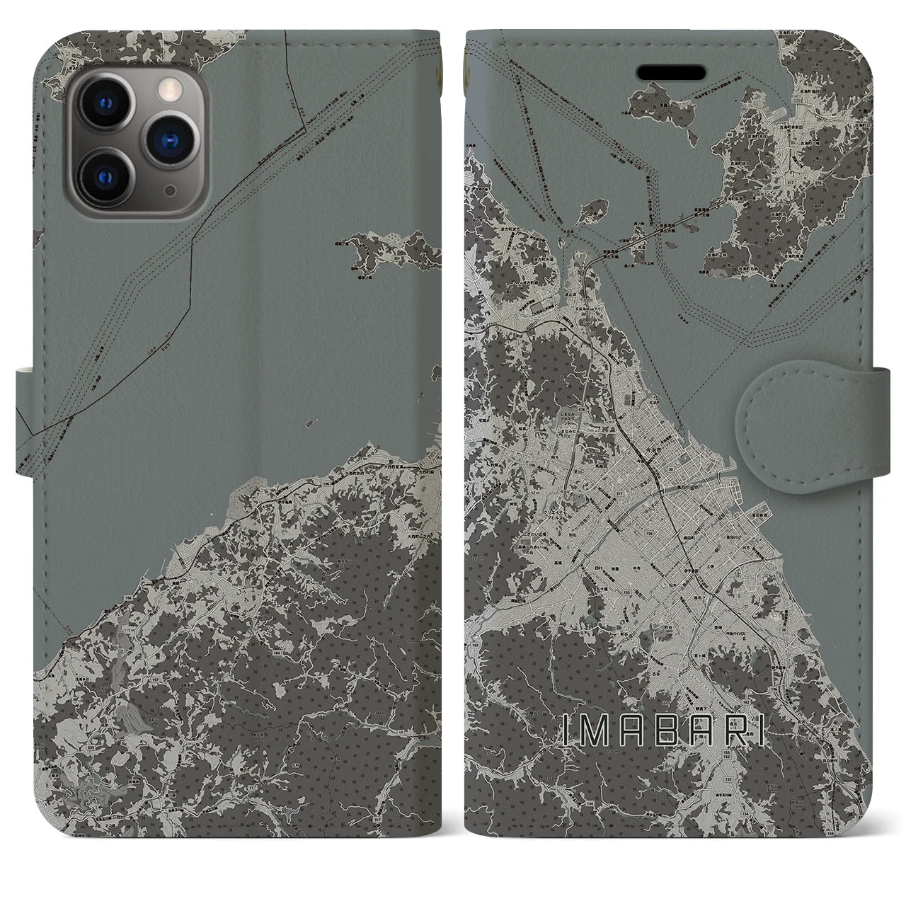 【今治2(愛媛県)】地図柄iPhoneケース(手帳タイプ)モノトーン・iPhone 11 Pro Max 用