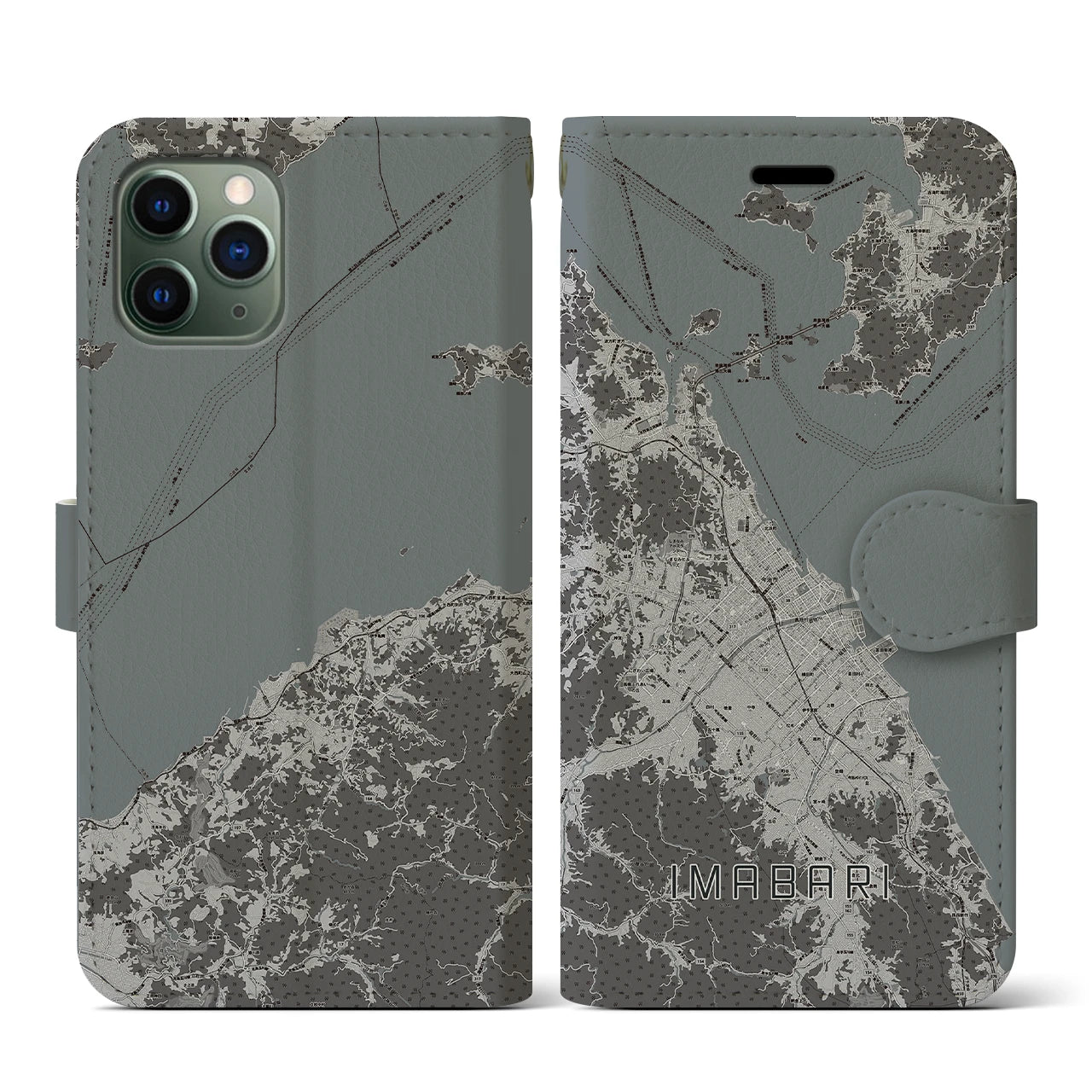 【今治2(愛媛県)】地図柄iPhoneケース(手帳タイプ)モノトーン・iPhone 11 Pro 用