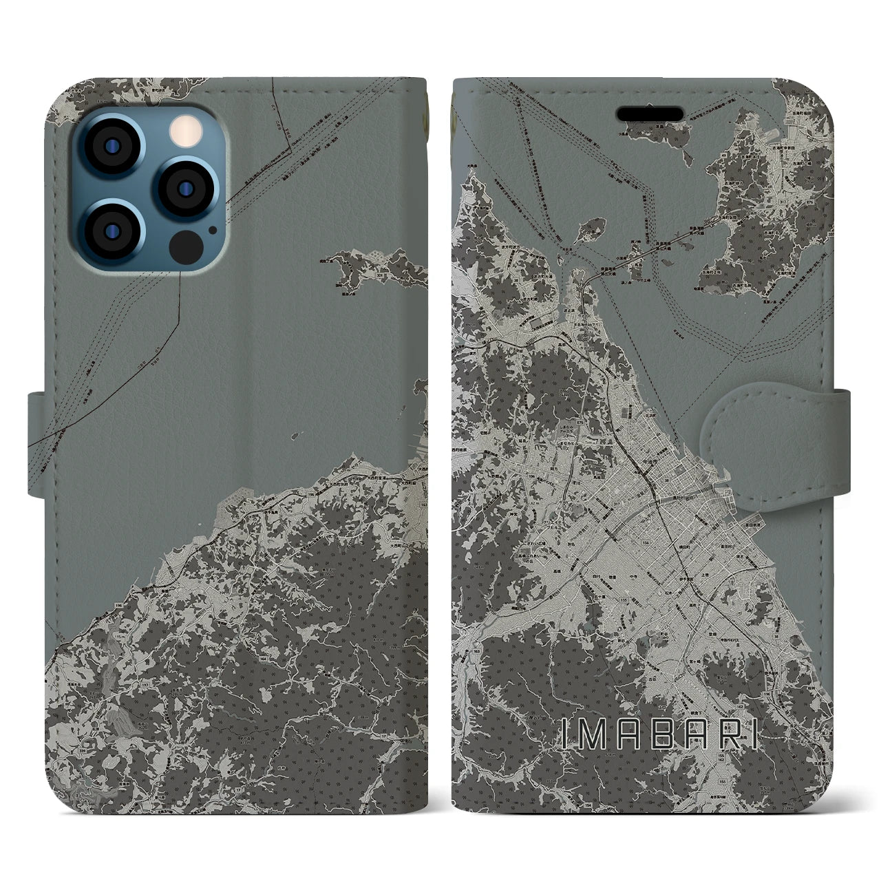 【今治2(愛媛県)】地図柄iPhoneケース(手帳タイプ)モノトーン・iPhone 12 / 12 Pro 用