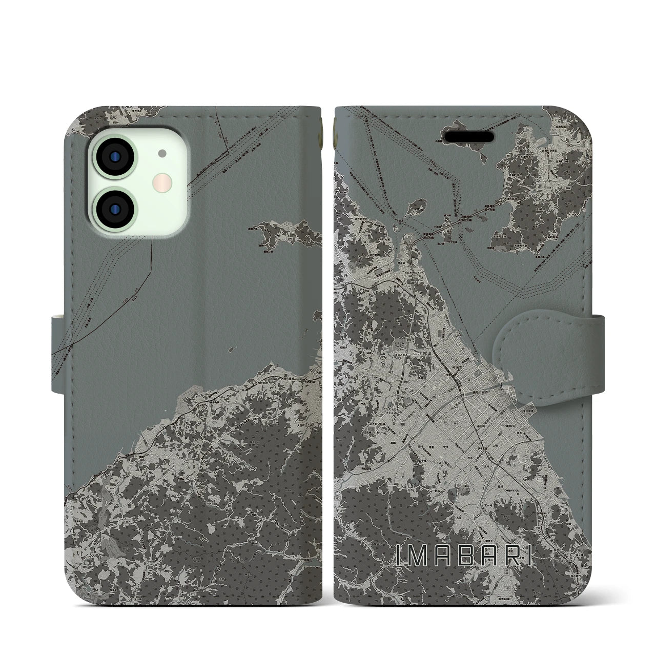 【今治2(愛媛県)】地図柄iPhoneケース(手帳タイプ)モノトーン・iPhone 12 mini 用