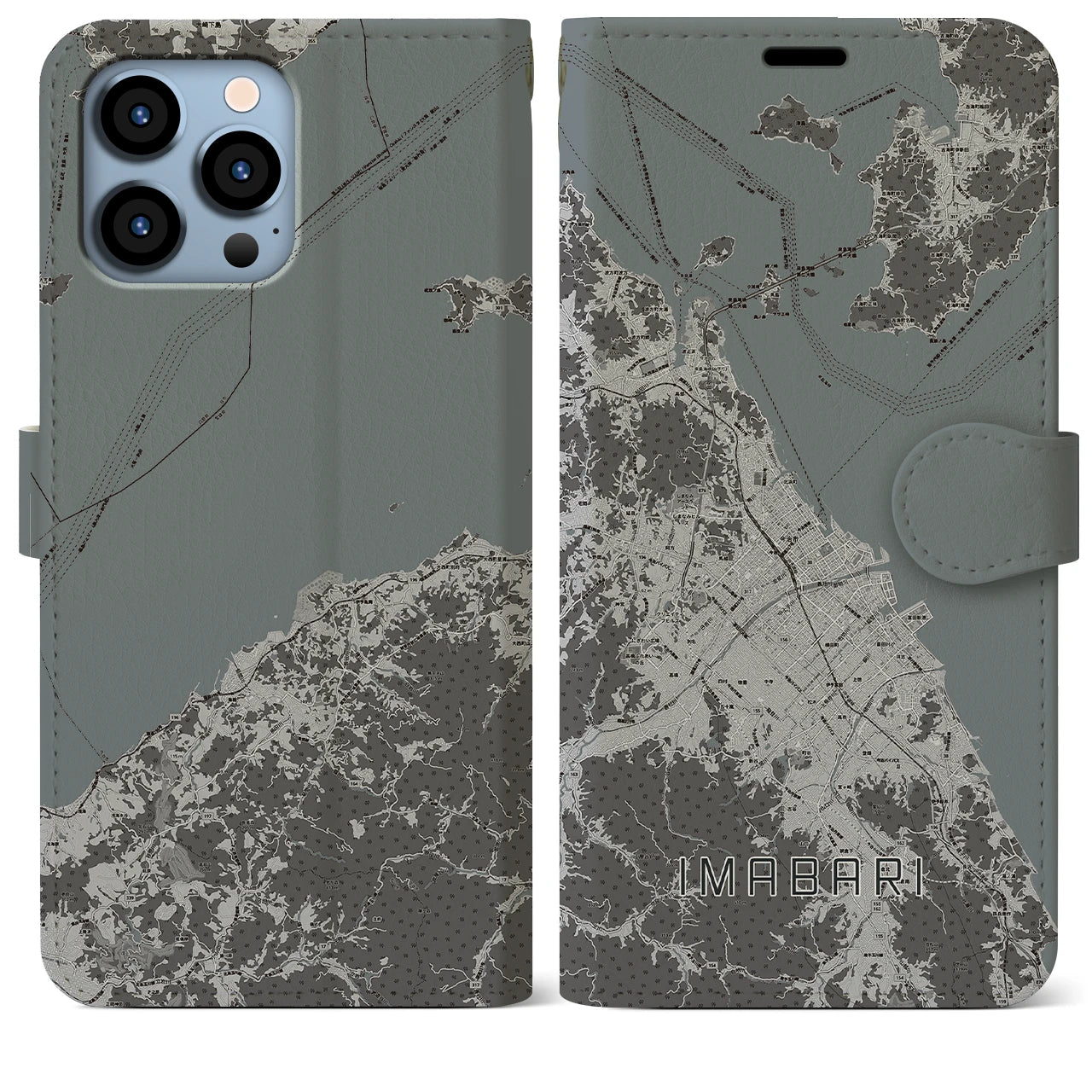 【今治2(愛媛県)】地図柄iPhoneケース(手帳タイプ)モノトーン・iPhone 13 Pro Max 用