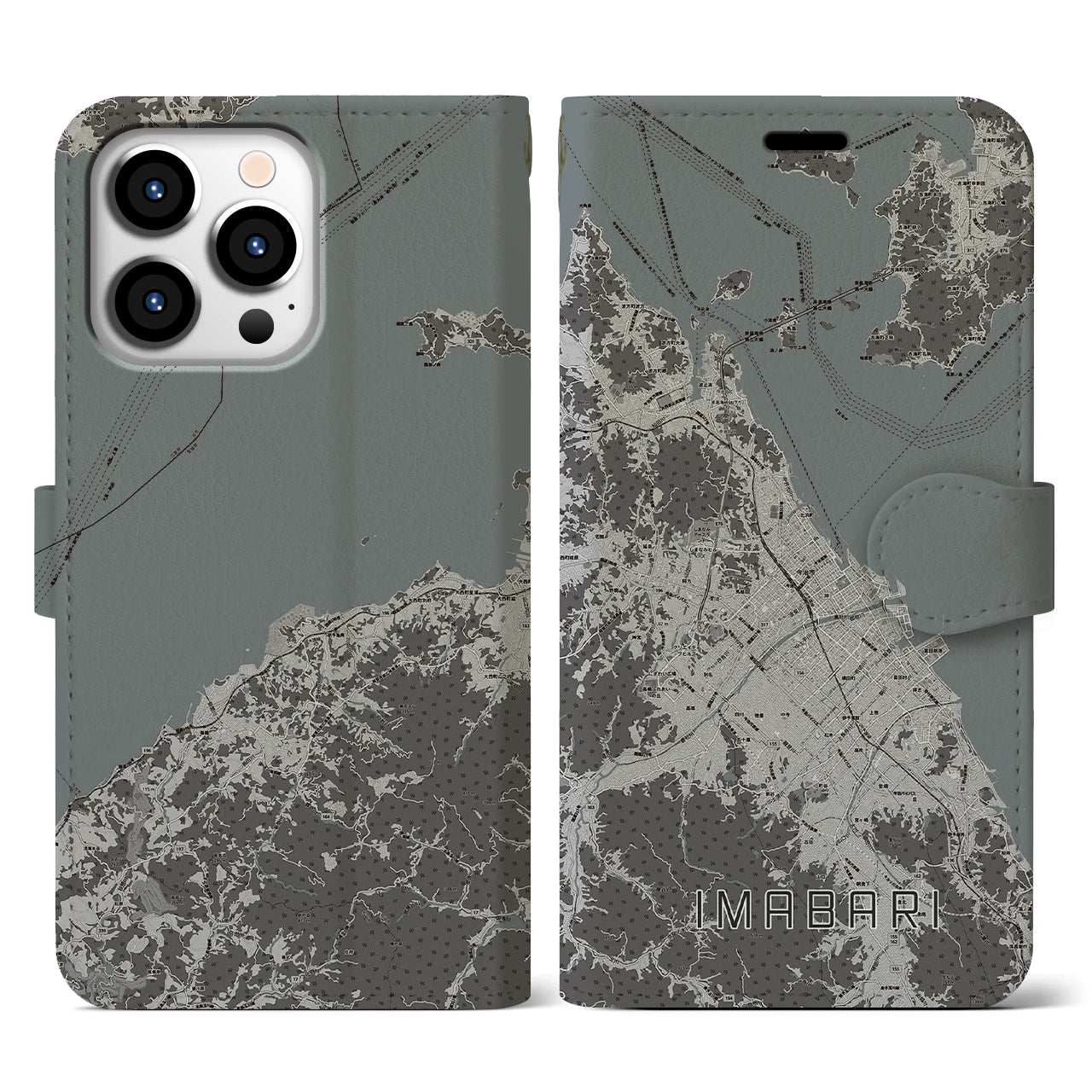 【今治2(愛媛県)】地図柄iPhoneケース(手帳タイプ)モノトーン・iPhone 13 Pro 用