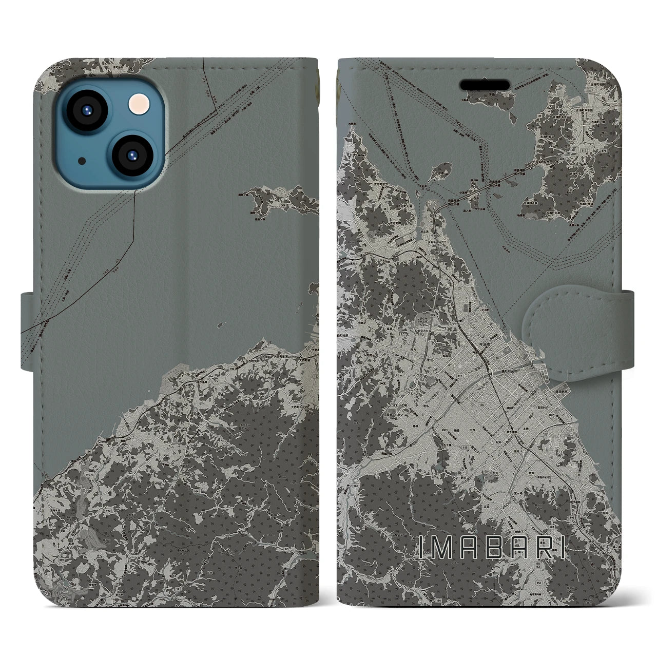 【今治2(愛媛県)】地図柄iPhoneケース(手帳タイプ)モノトーン・iPhone 13 用