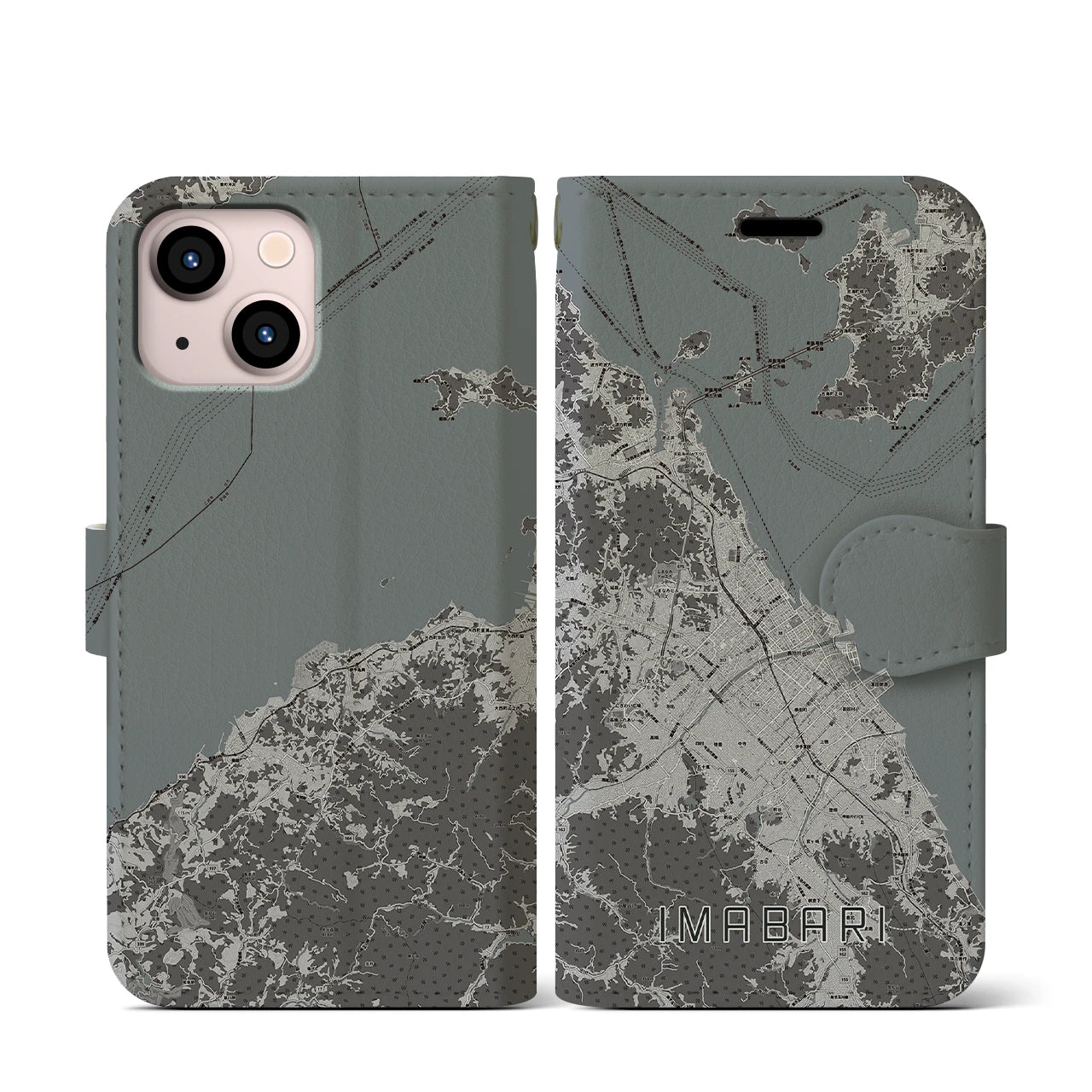 【今治2(愛媛県)】地図柄iPhoneケース(手帳タイプ)モノトーン・iPhone 13 mini 用