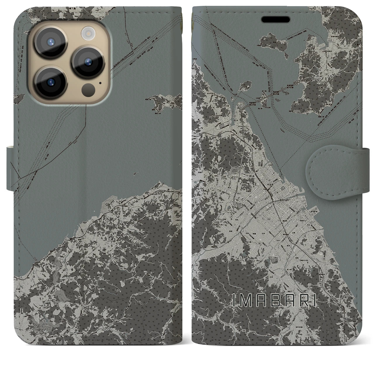 【今治2(愛媛県)】地図柄iPhoneケース(手帳タイプ)モノトーン・iPhone 14 Pro Max 用