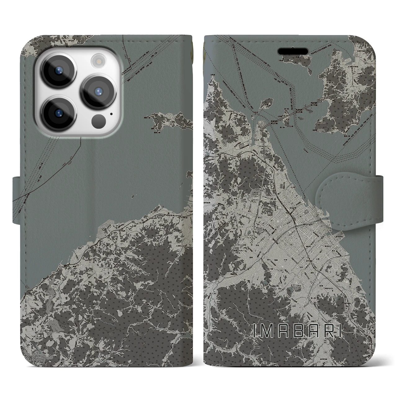 【今治2(愛媛県)】地図柄iPhoneケース(手帳タイプ)モノトーン・iPhone 14 Pro 用