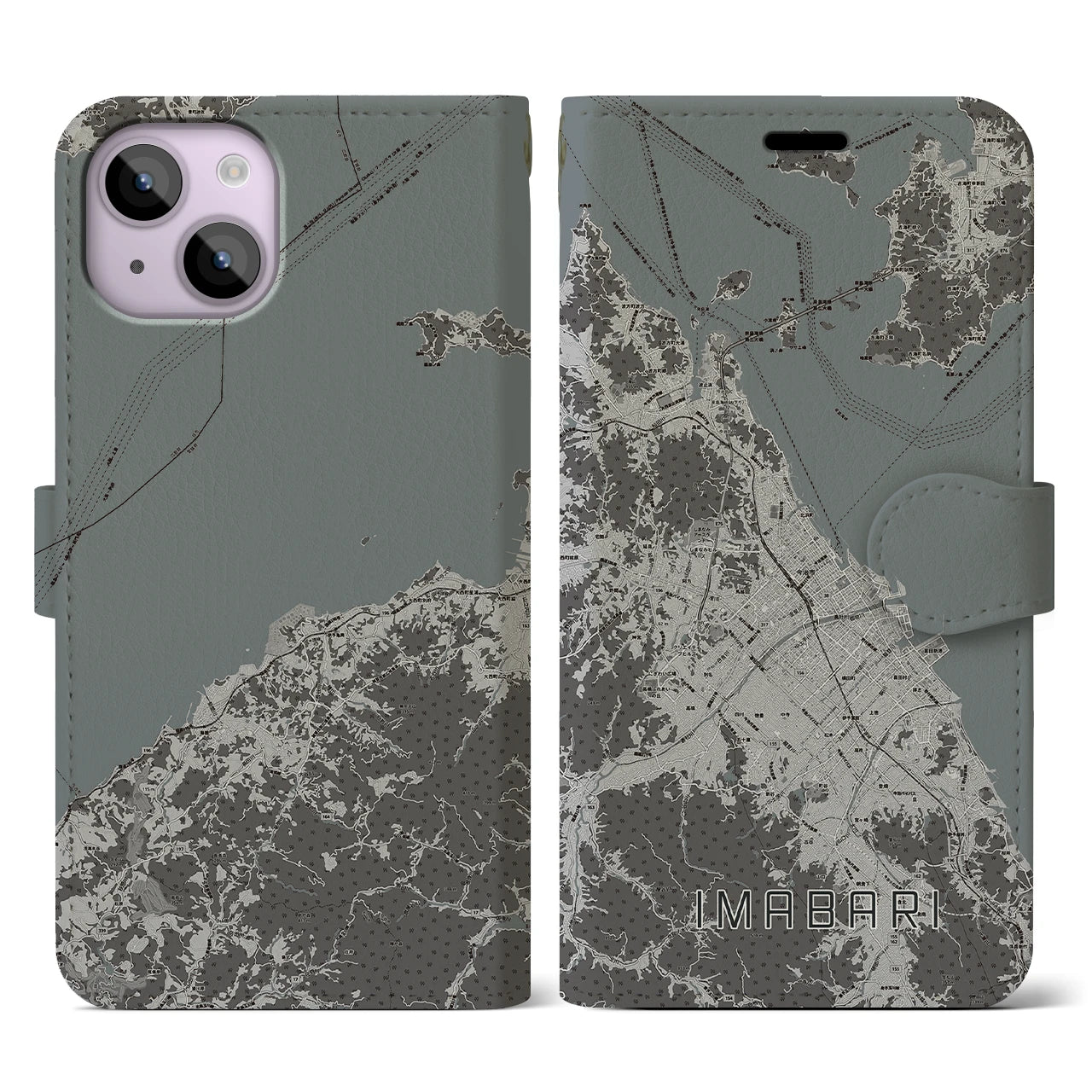 【今治2(愛媛県)】地図柄iPhoneケース(手帳タイプ)モノトーン・iPhone 14 用