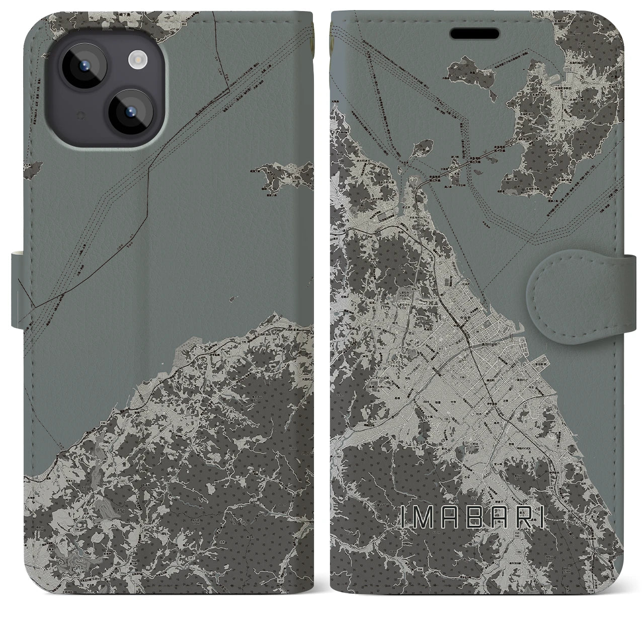 【今治2(愛媛県)】地図柄iPhoneケース(手帳タイプ)モノトーン・iPhone 14 Plus 用