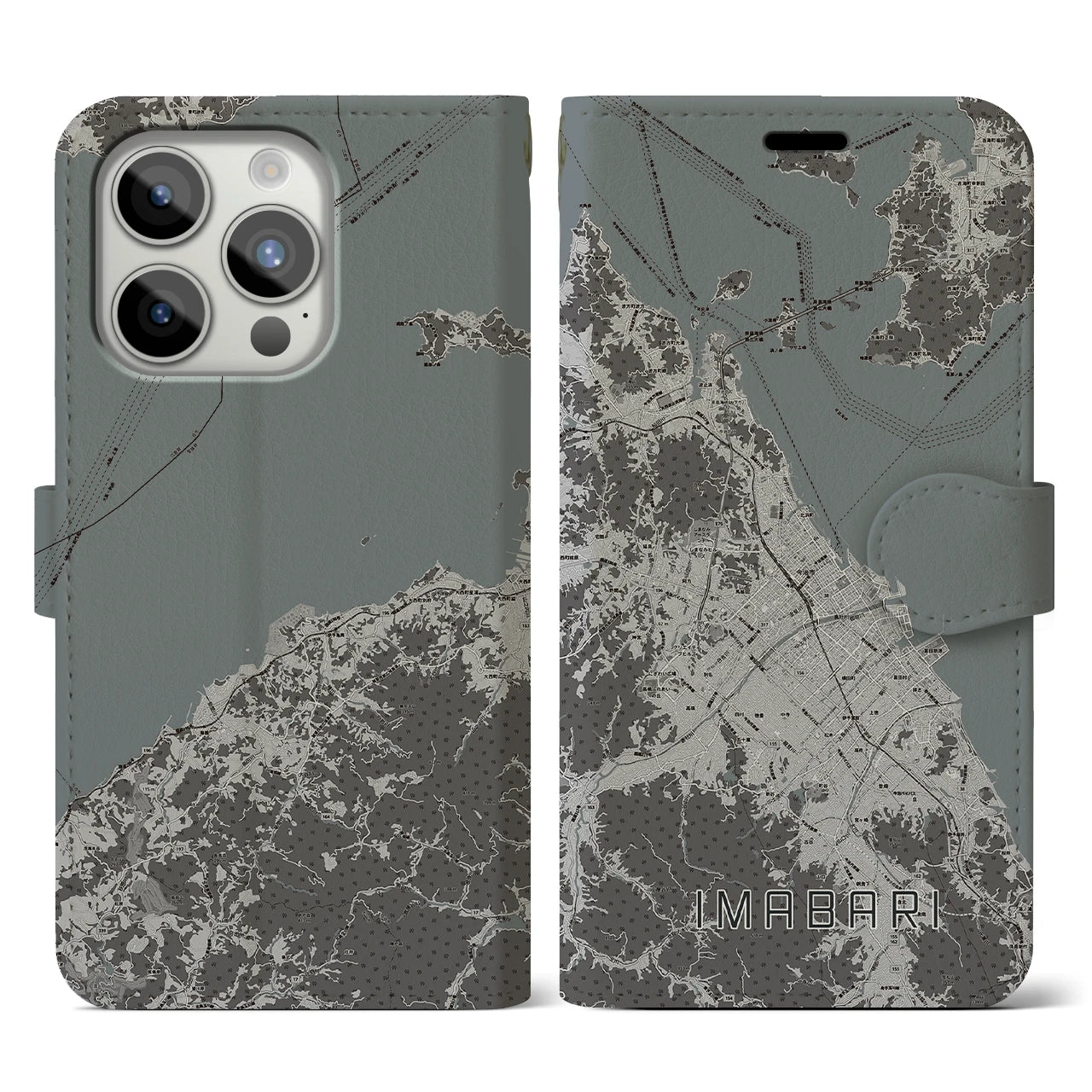 【今治2(愛媛県)】地図柄iPhoneケース(手帳タイプ)モノトーン・iPhone 15 Pro 用