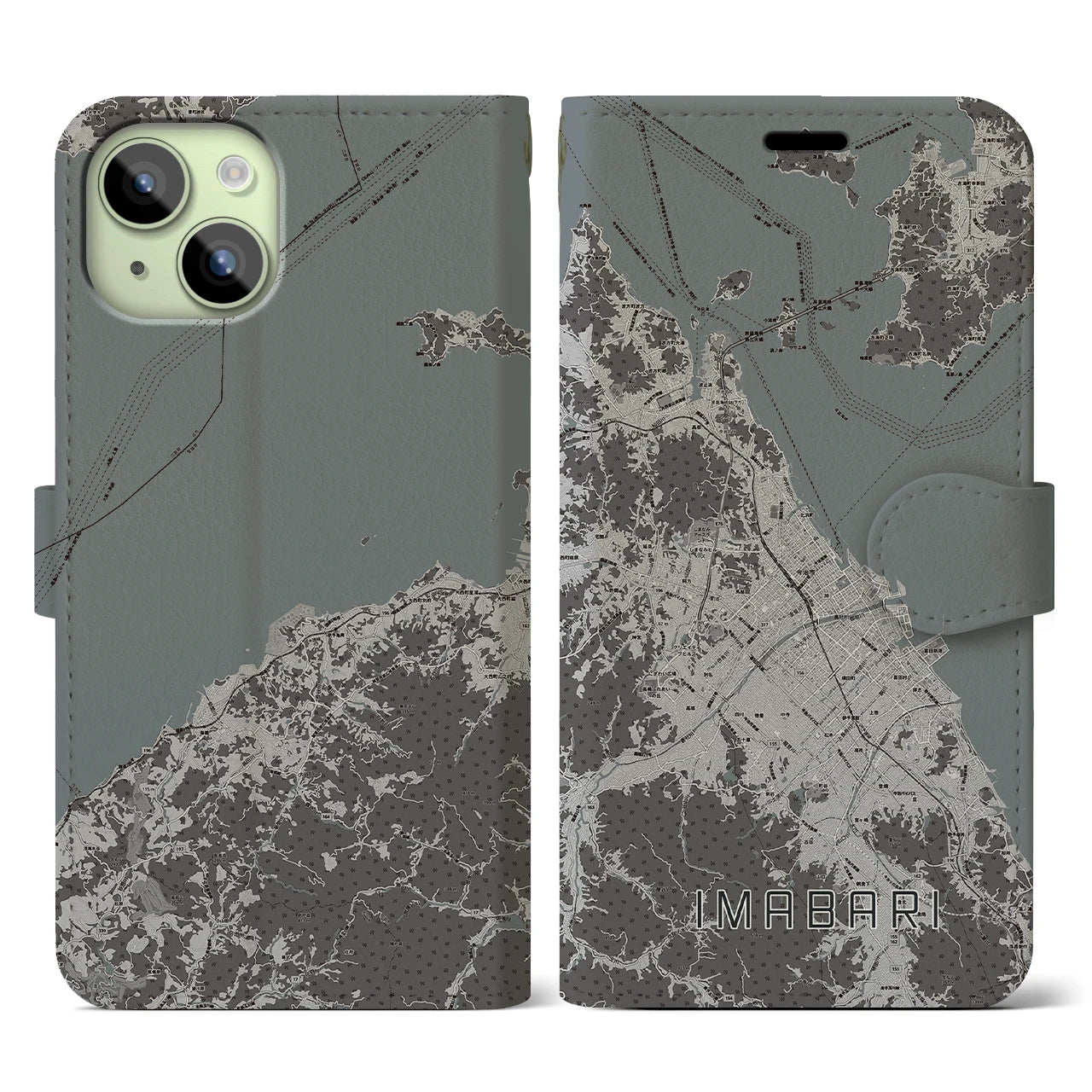 【今治2(愛媛県)】地図柄iPhoneケース(手帳タイプ)モノトーン・iPhone 15 用