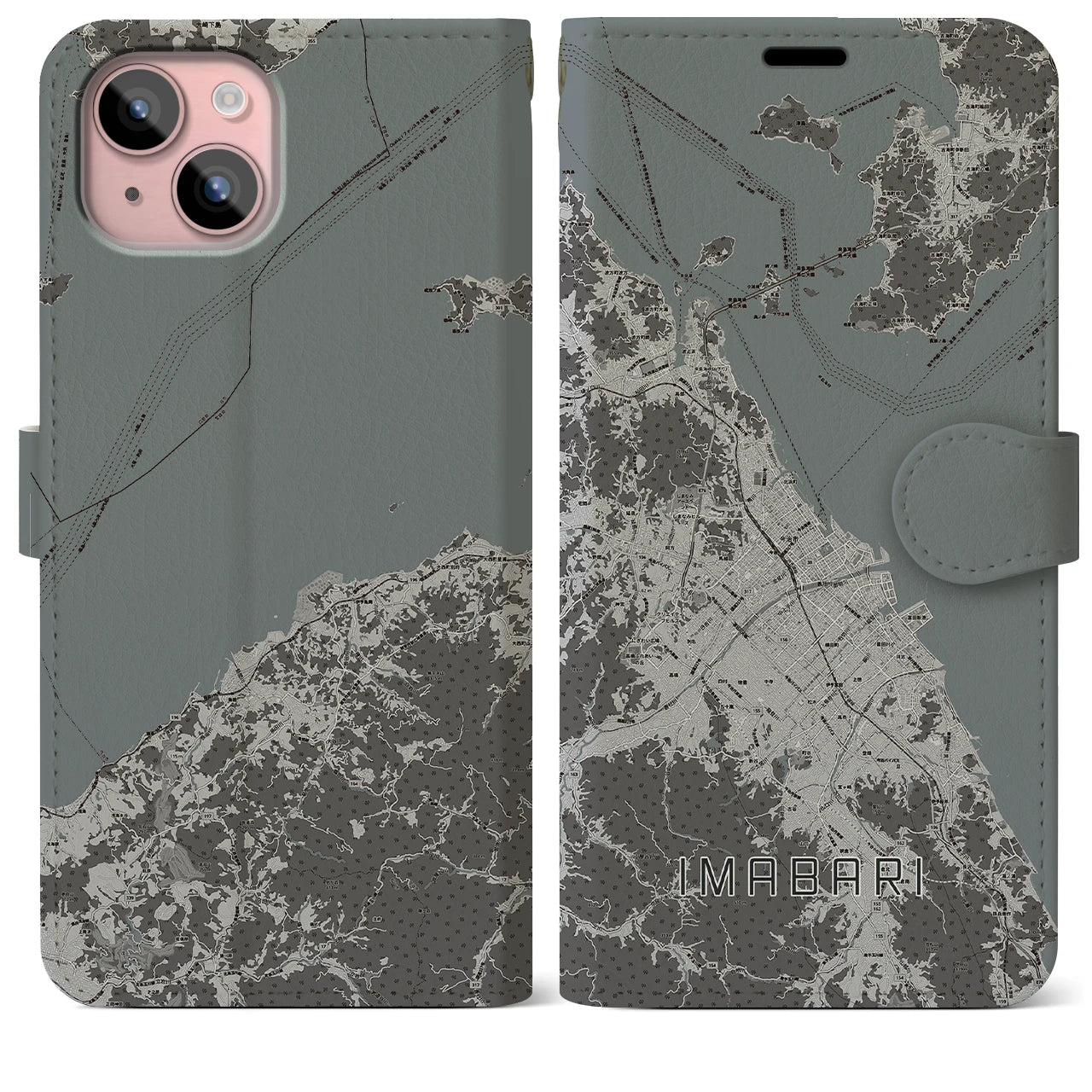 【今治2(愛媛県)】地図柄iPhoneケース(手帳タイプ)モノトーン・iPhone 15 Plus 用