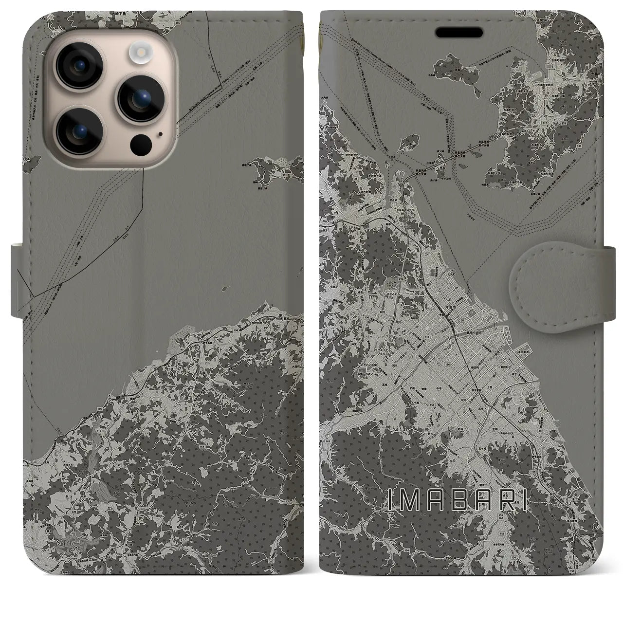 【今治2(愛媛県)】地図柄iPhoneケース(手帳タイプ)モノトーン・iPhone 16 Plus 用