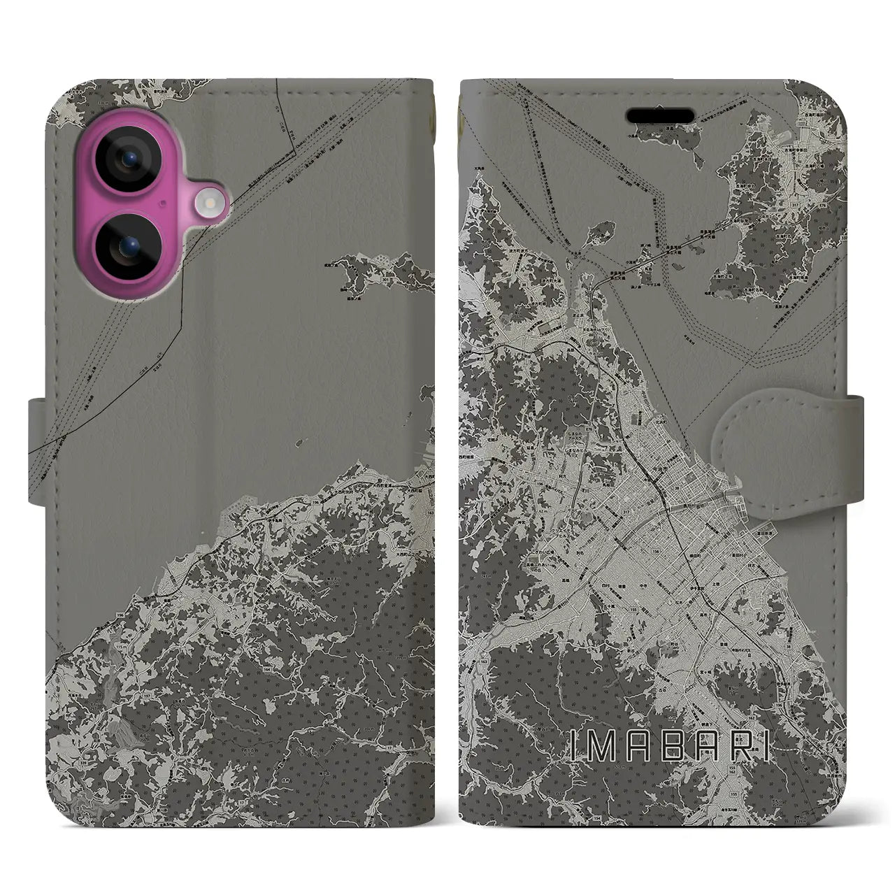 【今治2(愛媛県)】地図柄iPhoneケース(手帳タイプ)モノトーン・iPhone 16 Pro 用