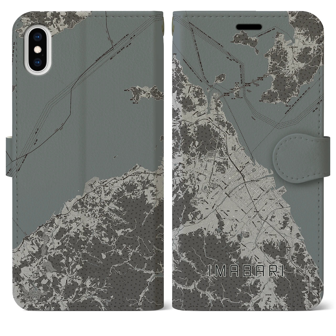 【今治2(愛媛県)】地図柄iPhoneケース(手帳タイプ)モノトーン・iPhone XS Max 用