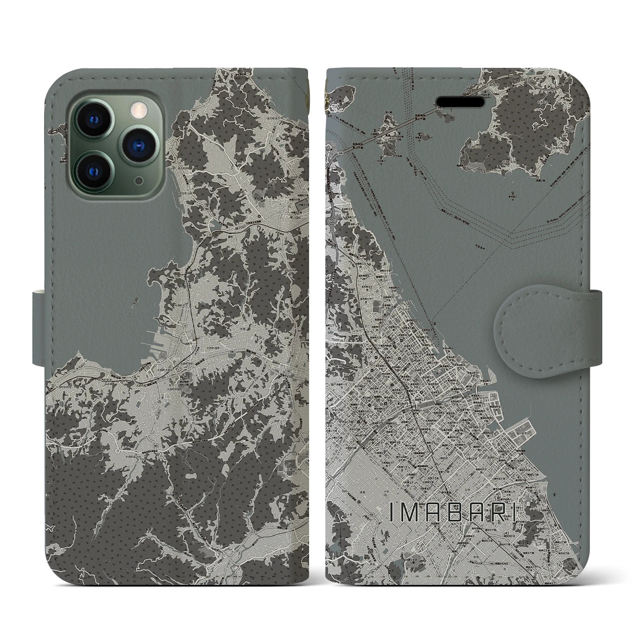 【今治(愛媛県)】地図柄iPhoneケース(手帳タイプ)モノトーン・iPhone 11 Pro 用