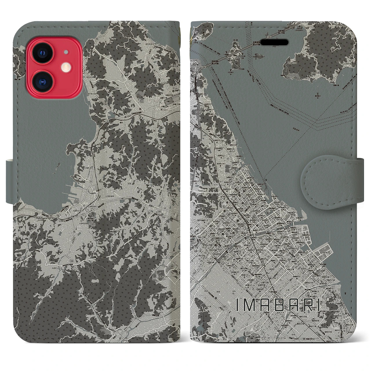 【今治(愛媛県)】地図柄iPhoneケース(手帳タイプ)モノトーン・iPhone 11 用
