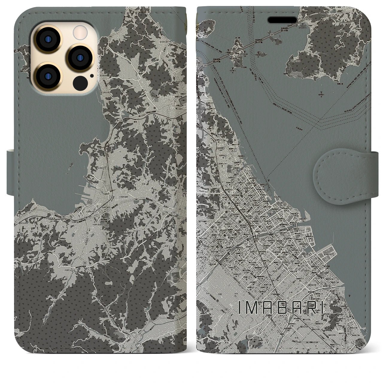 【今治(愛媛県)】地図柄iPhoneケース(手帳タイプ)モノトーン・iPhone 12 Pro Max 用