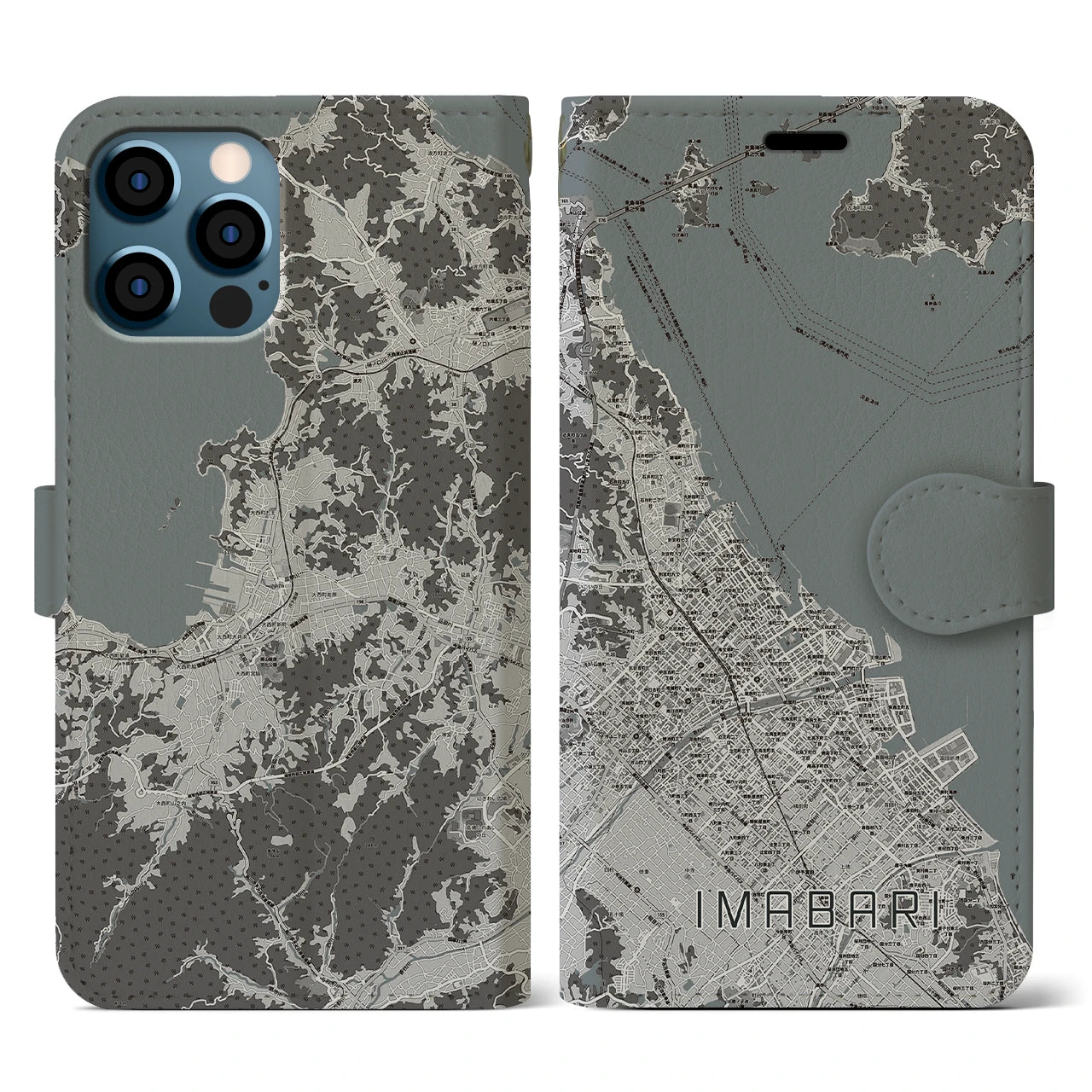 【今治(愛媛県)】地図柄iPhoneケース(手帳タイプ)モノトーン・iPhone 12 / 12 Pro 用