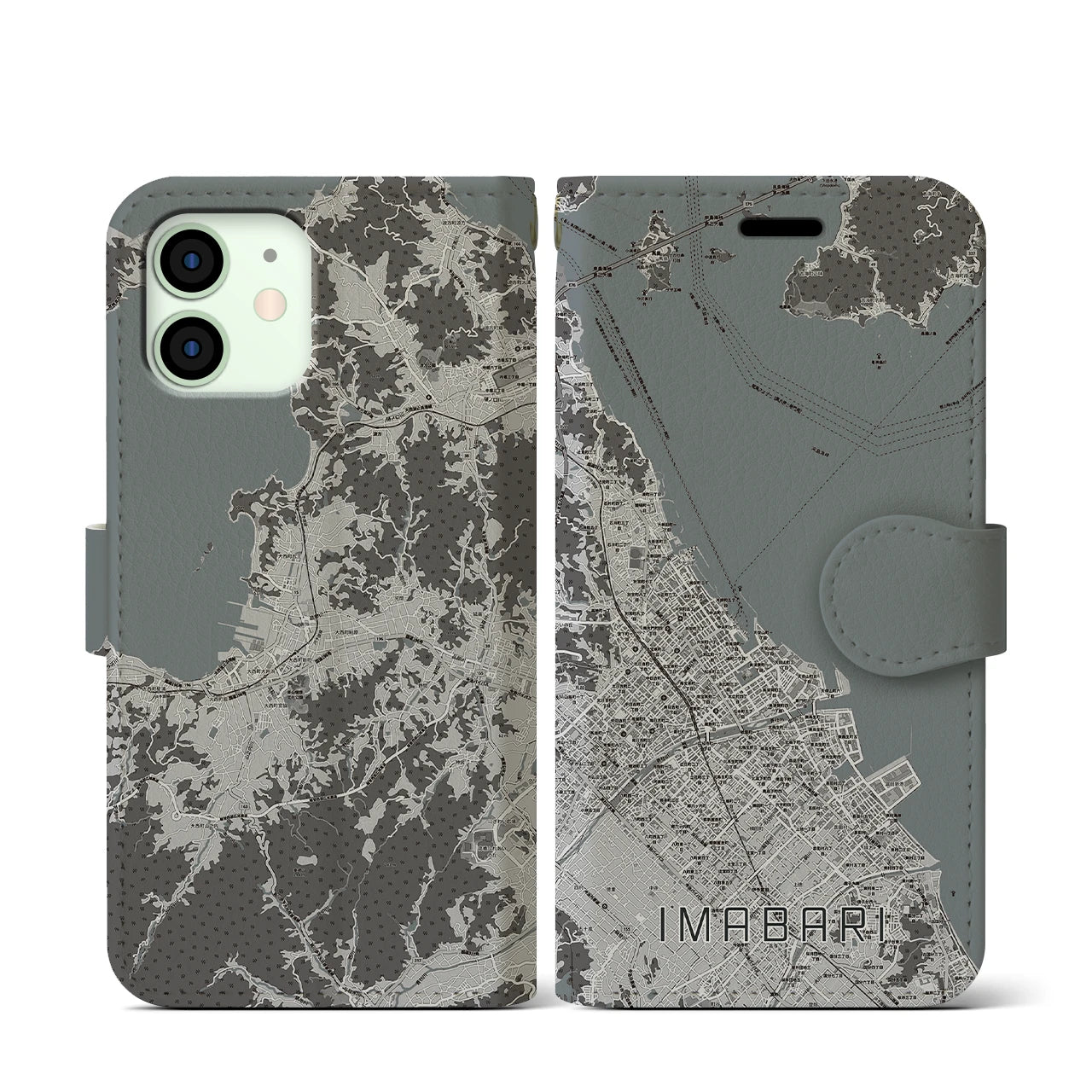 【今治(愛媛県)】地図柄iPhoneケース(手帳タイプ)モノトーン・iPhone 12 mini 用