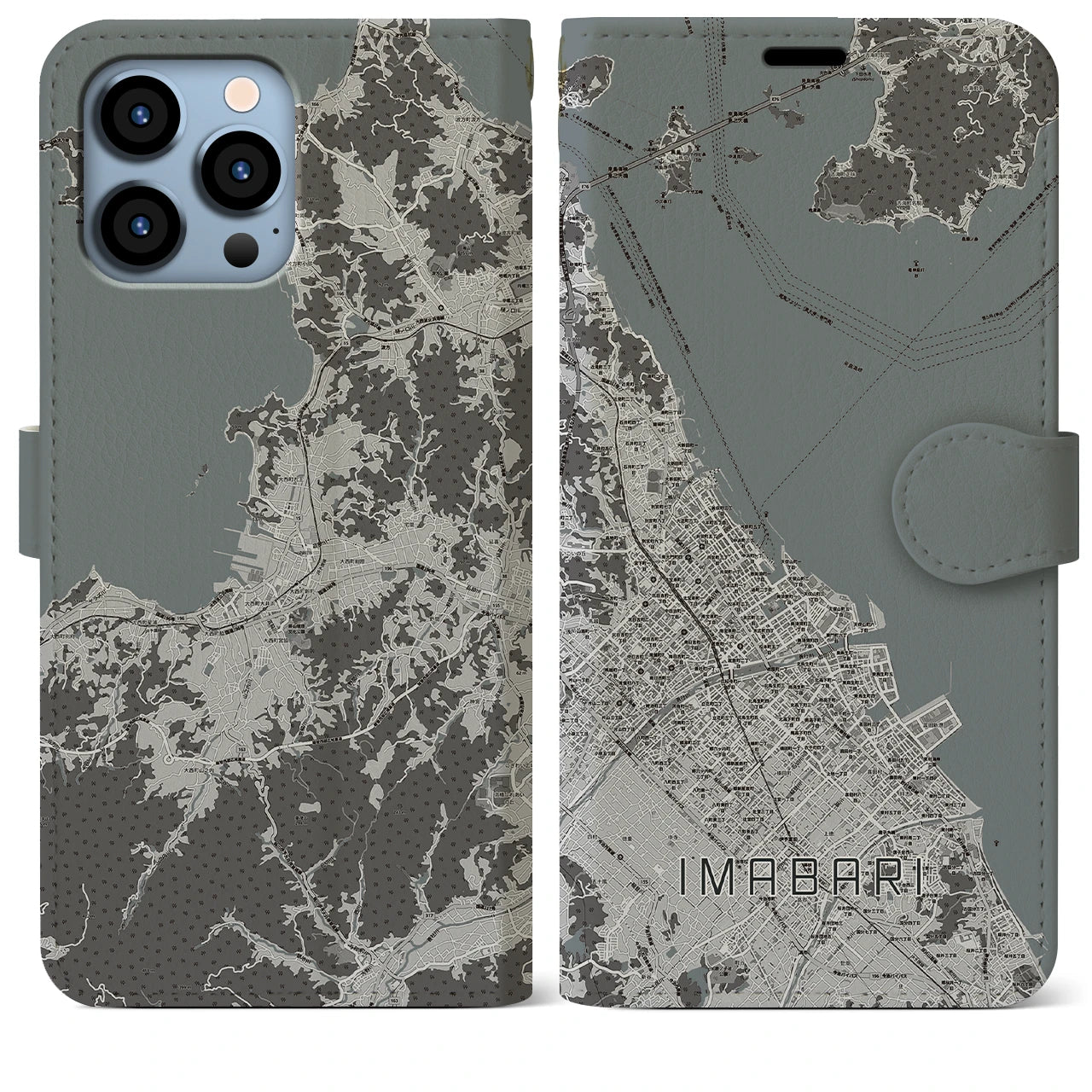 【今治(愛媛県)】地図柄iPhoneケース(手帳タイプ)モノトーン・iPhone 13 Pro Max 用