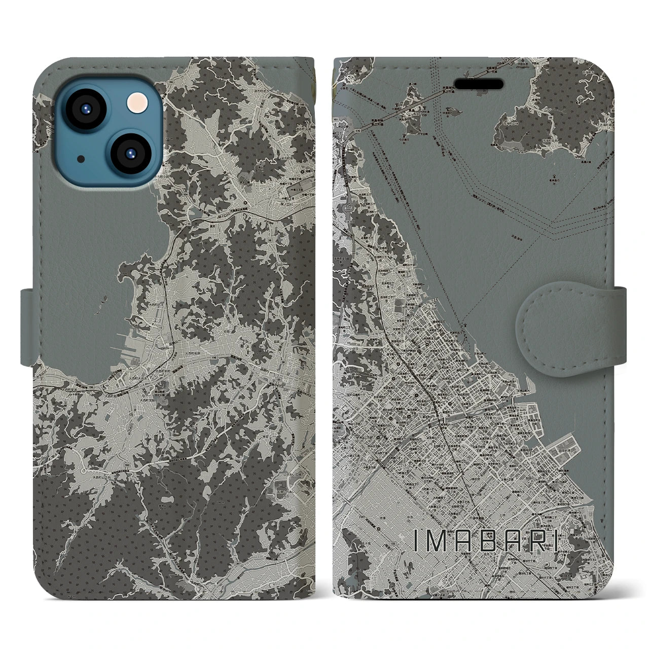 【今治(愛媛県)】地図柄iPhoneケース(手帳タイプ)モノトーン・iPhone 13 用