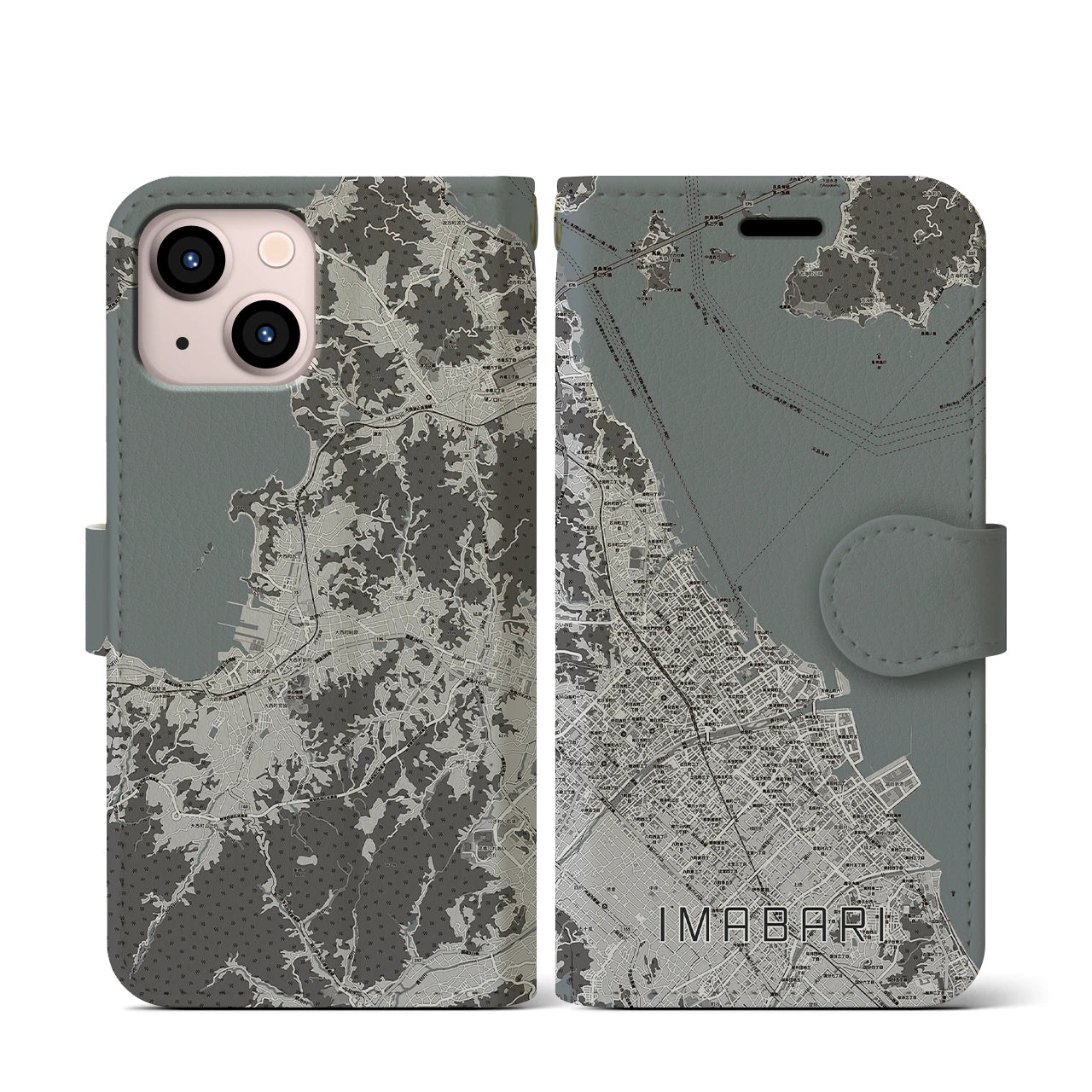 【今治(愛媛県)】地図柄iPhoneケース(手帳タイプ)モノトーン・iPhone 13 mini 用