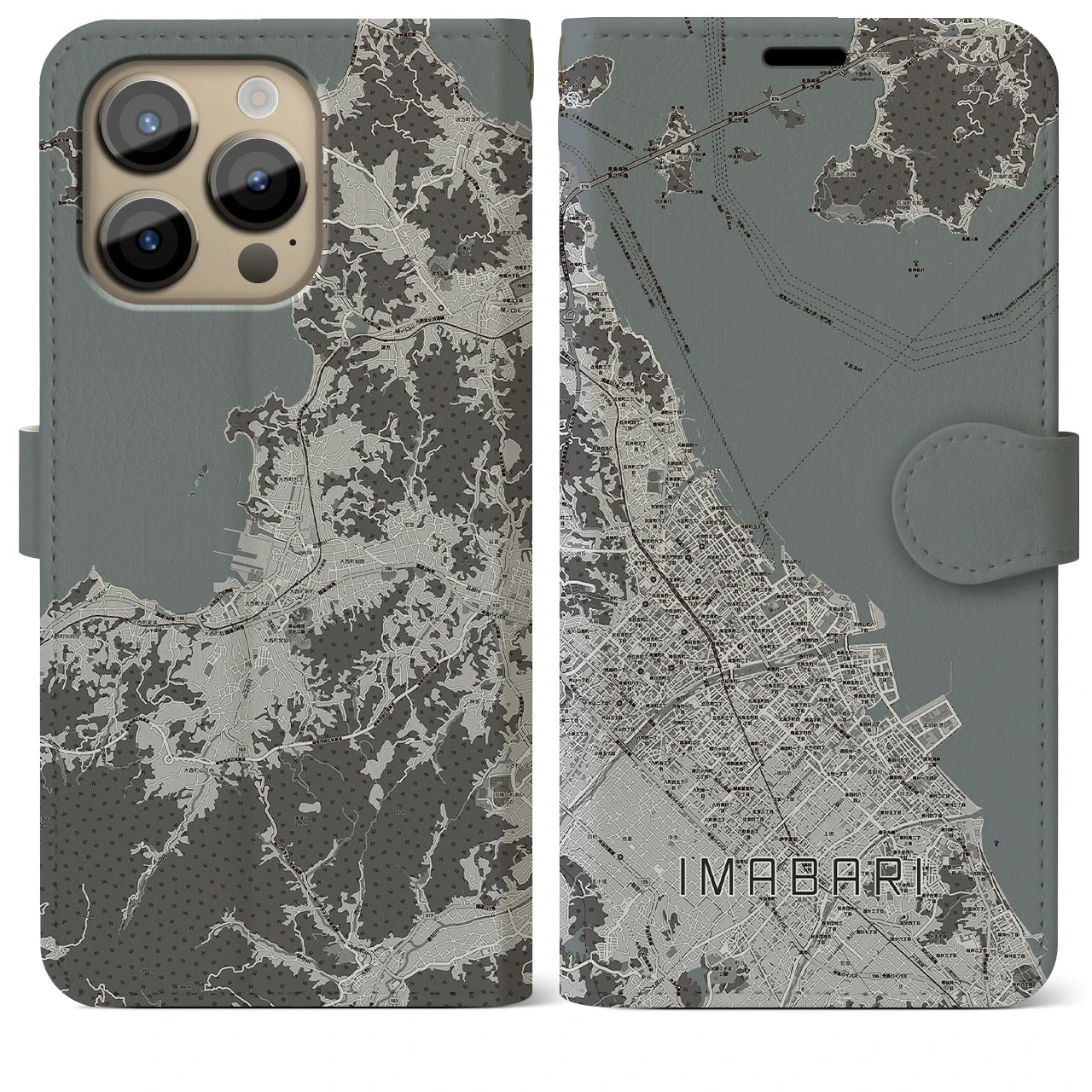 【今治(愛媛県)】地図柄iPhoneケース(手帳タイプ)モノトーン・iPhone 14 Pro Max 用